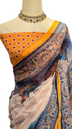 Load image into Gallery viewer, Linen Cotton Saree x Navrathiri Dancers : Beige x Yellow x Blue
