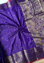 Load image into Gallery viewer, Semi Silk Saree x Checkered x Floral Motifs  - Violet
