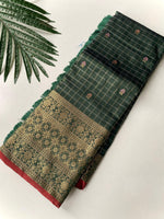 Load image into Gallery viewer, Semi Silk Saree x Checkered x Floral Motifs  - Timber Green
