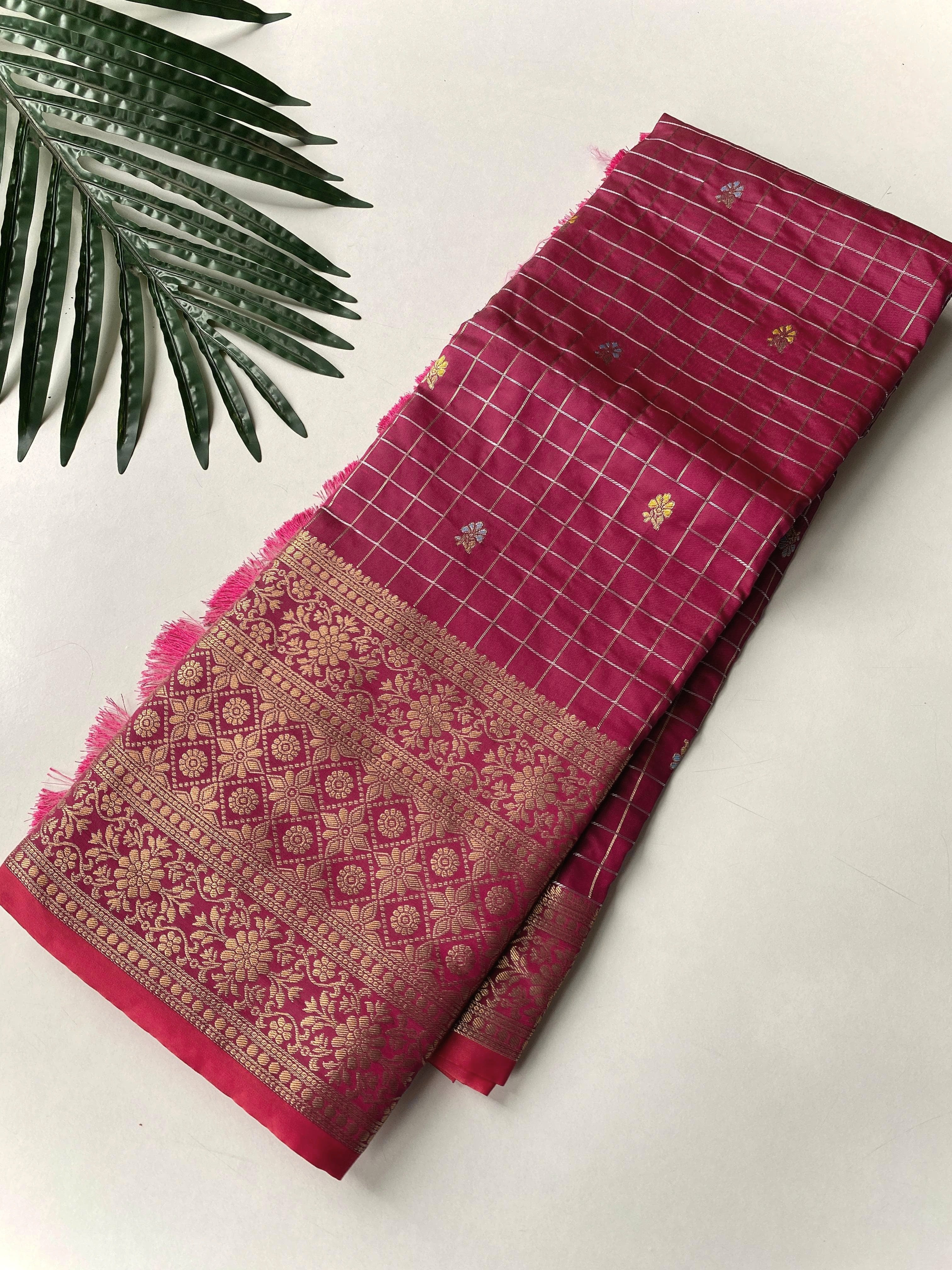 Semi Silk Saree x Checkered x Floral Motifs  - Wine