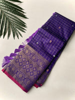 Load image into Gallery viewer, Semi Silk Saree x Checkered x Floral Motifs  - Violet
