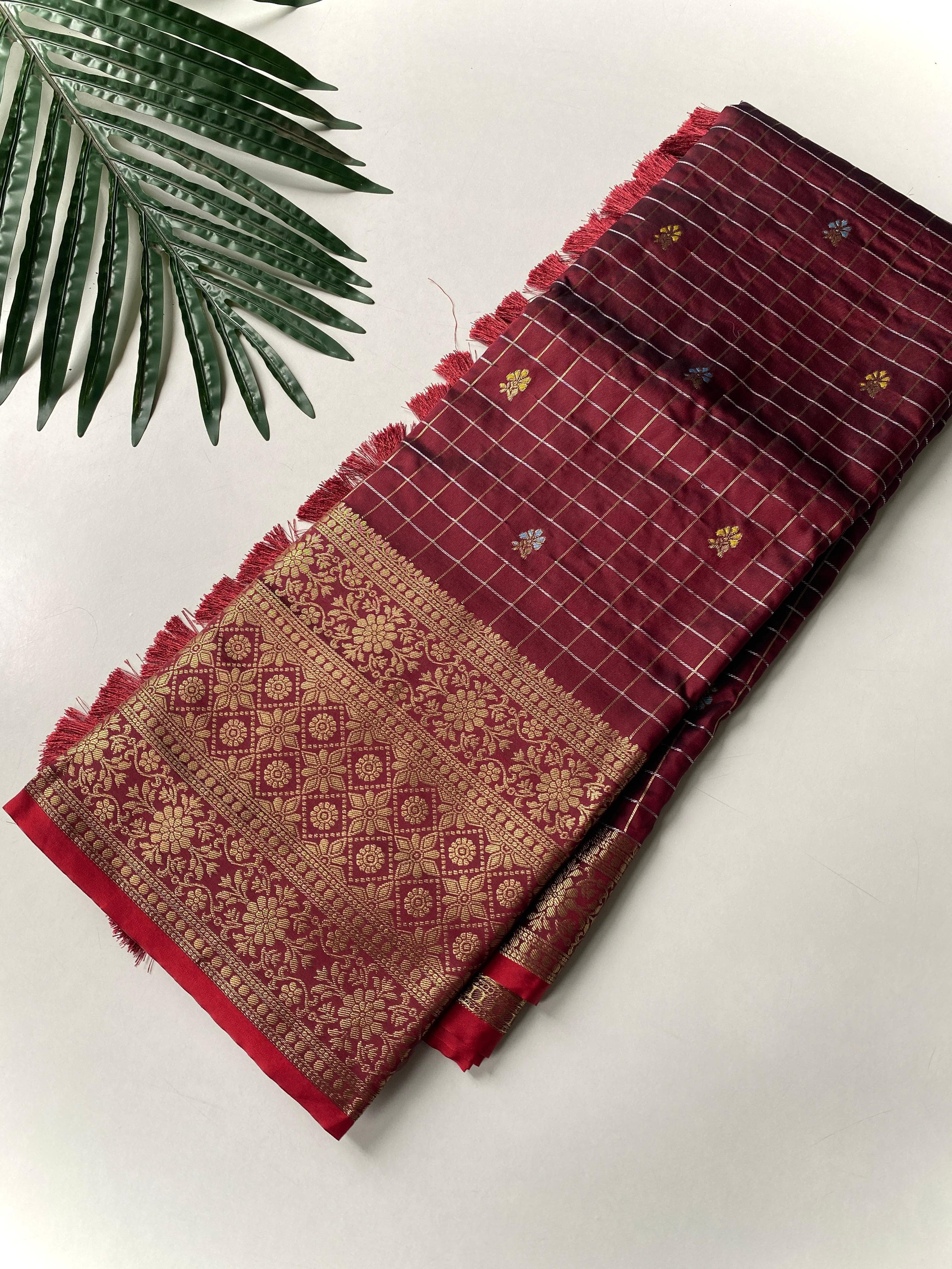 Semi Silk Saree x Checkered x Floral Motifs - Maroon