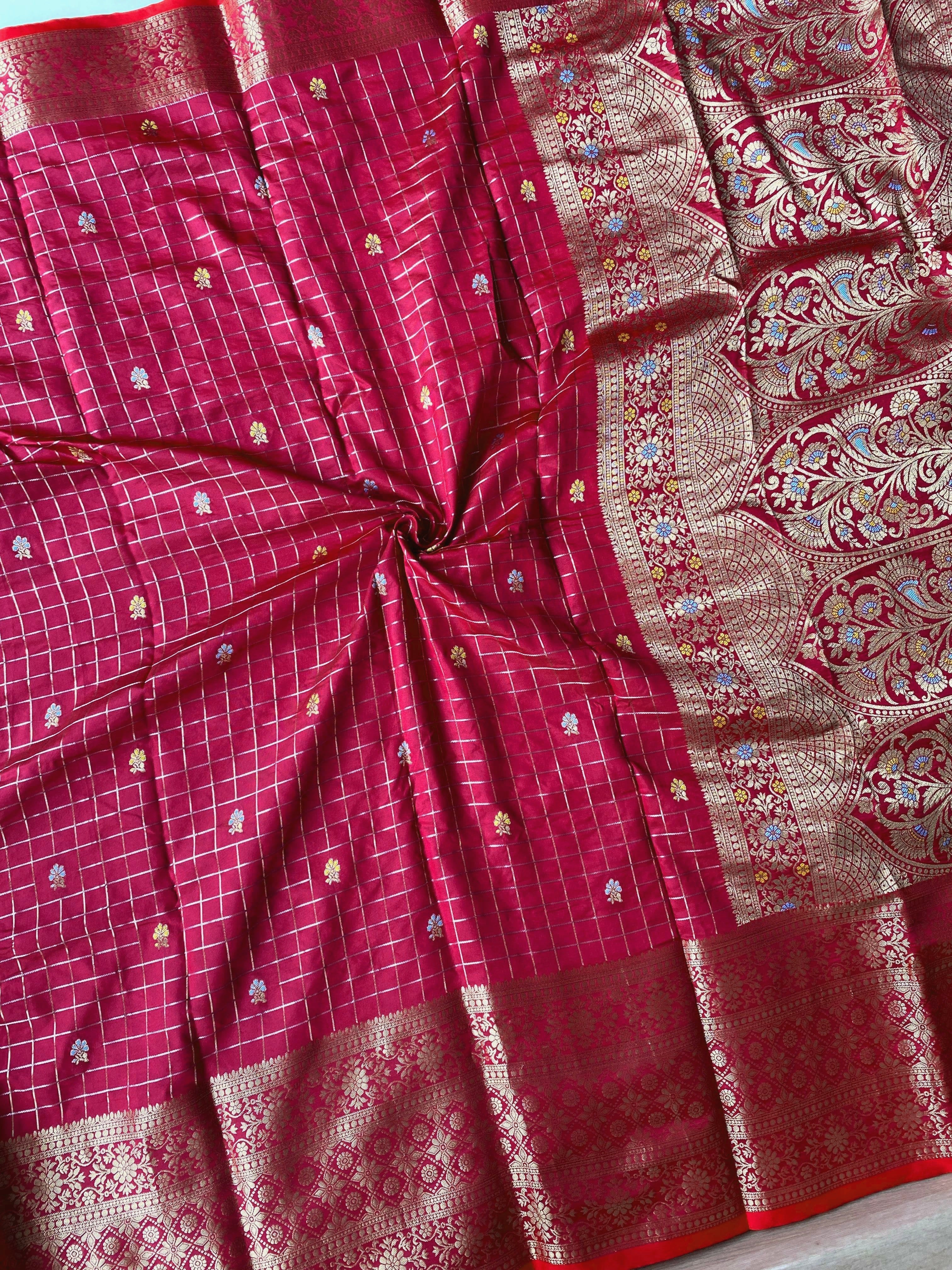 Semi Silk Saree x Checkered x Floral Motifs  - Wine