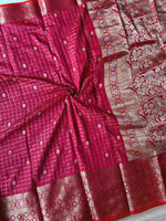Load image into Gallery viewer, Semi Silk Saree x Checkered x Floral Motifs  - Wine
