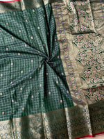 Load image into Gallery viewer, Semi Silk Saree x Checkered x Floral Motifs  - Timber Green
