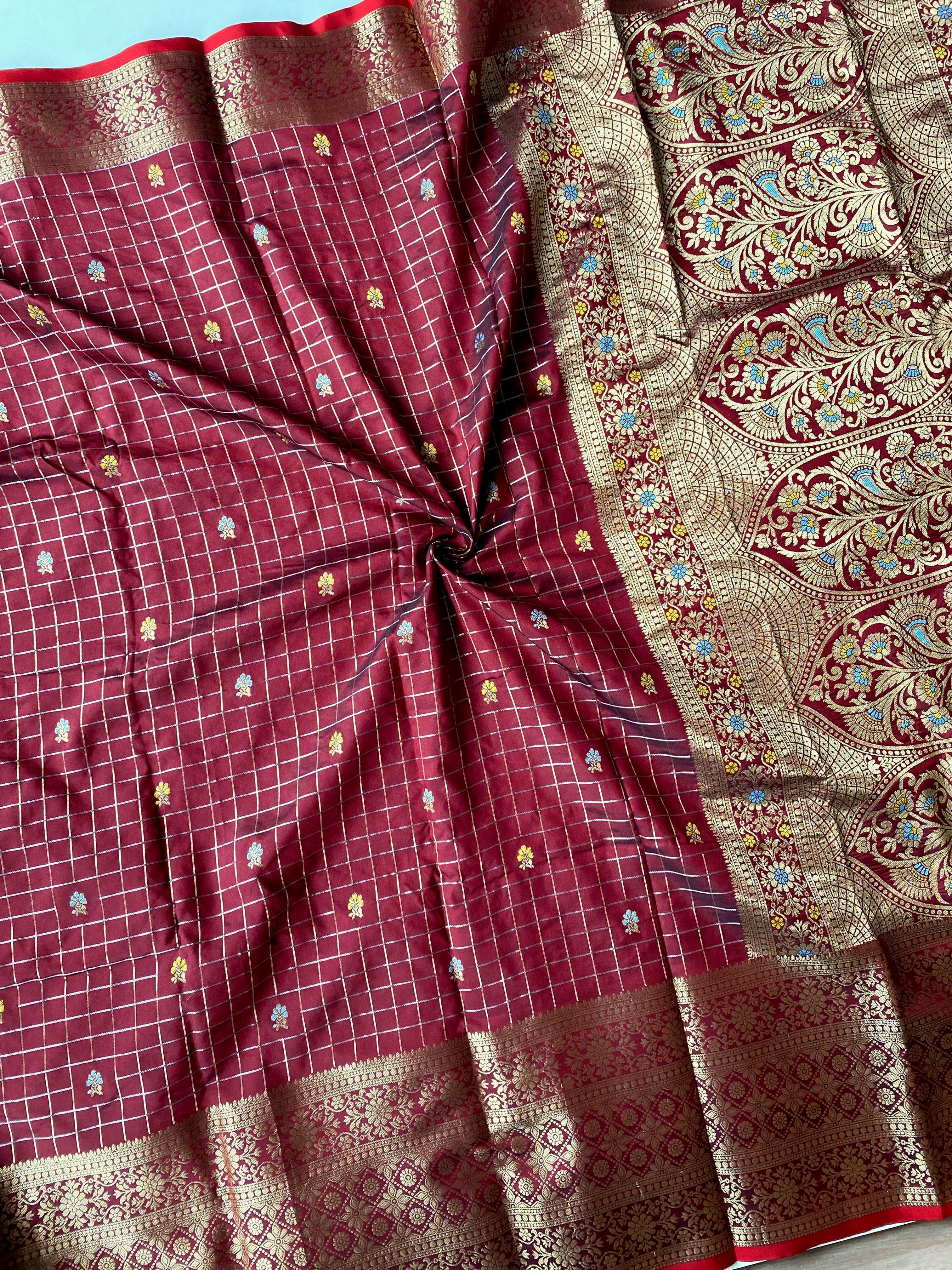 Semi Silk Saree x Checkered x Floral Motifs - Maroon