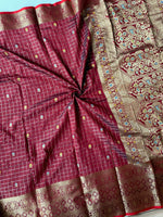 Load image into Gallery viewer, Semi Silk Saree x Checkered x Floral Motifs - Maroon
