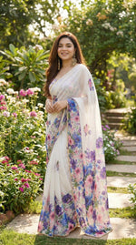 Load image into Gallery viewer, Printed Chiffon Saree x Pearl Border : Butterfly Pea Hues
