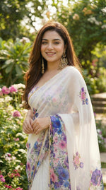 Load image into Gallery viewer, Printed Chiffon Saree x Pearl Border : Butterfly Pea Hues
