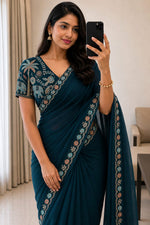 Load image into Gallery viewer, Georgette Saree x Floral x Elephant Sequins Blouse: Teal Blue
