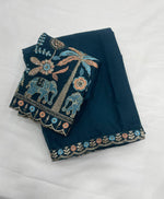 Load image into Gallery viewer, Georgette Saree x Floral x Elephant Sequins Blouse: Teal Blue
