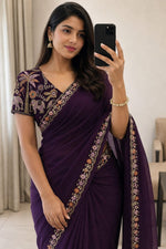 Load image into Gallery viewer, Georgette Saree x Floral x Elephant Sequins Blouse: Plum
