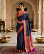 Load image into Gallery viewer, Kanchipuram Semi Silk Saree - Midnight Blue x Rani Pink x Magenta
