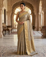 Load image into Gallery viewer, Vaira Oosi Checkered x Peacock Semi Silk Saree - Harbor Grey

