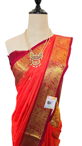 Kanchipuram Silk Cotton Saree : Orange x Maroon x Elephant