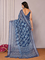 Load image into Gallery viewer, Block Print x Linen Saree : Dark Blue x Blue Floral
