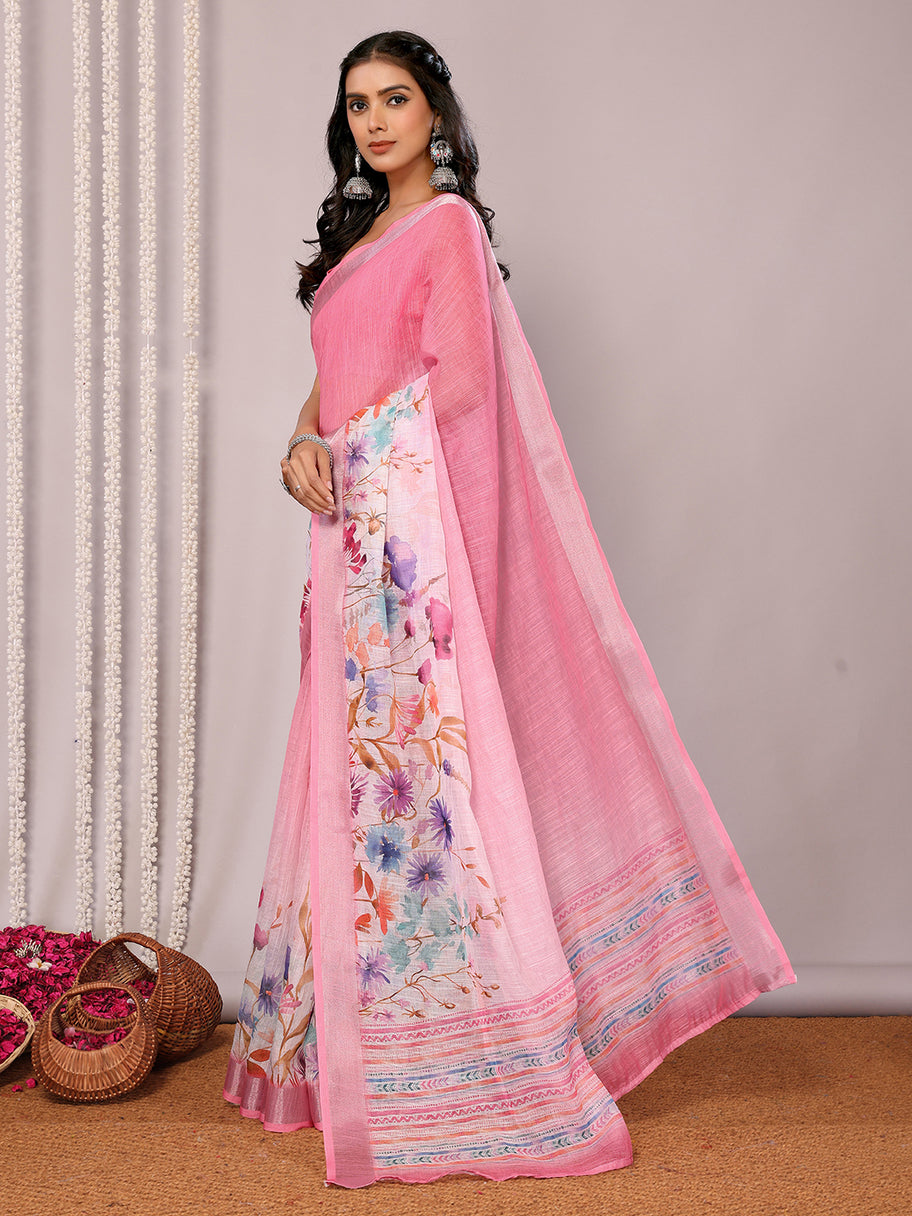 Printed Linen Saree : Bubblegum Pink
