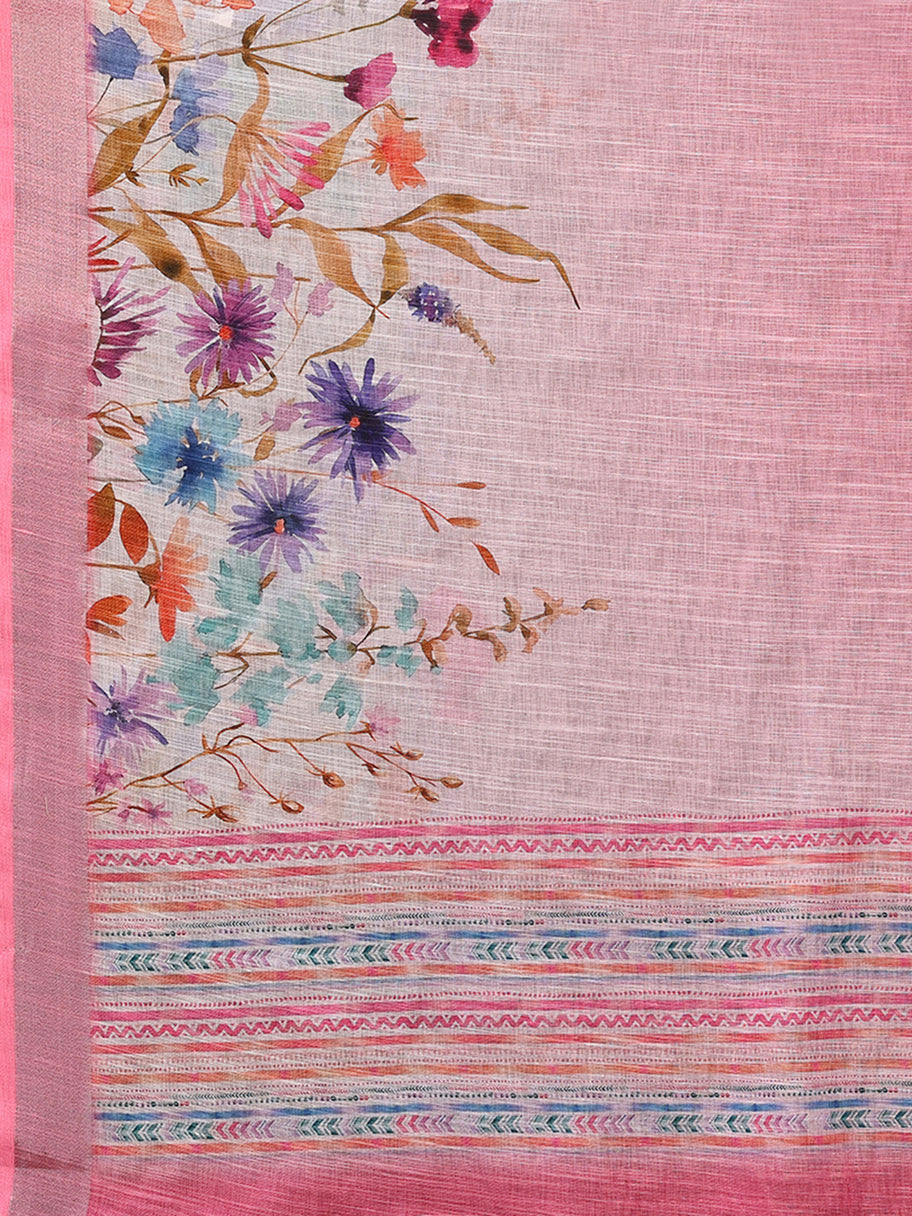 Printed Linen Saree : Bubblegum Pink
