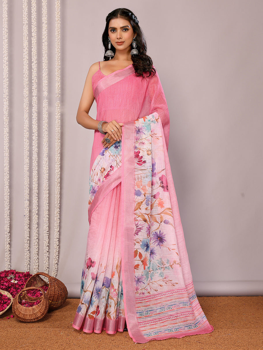 Printed Linen Saree : Bubblegum Pink