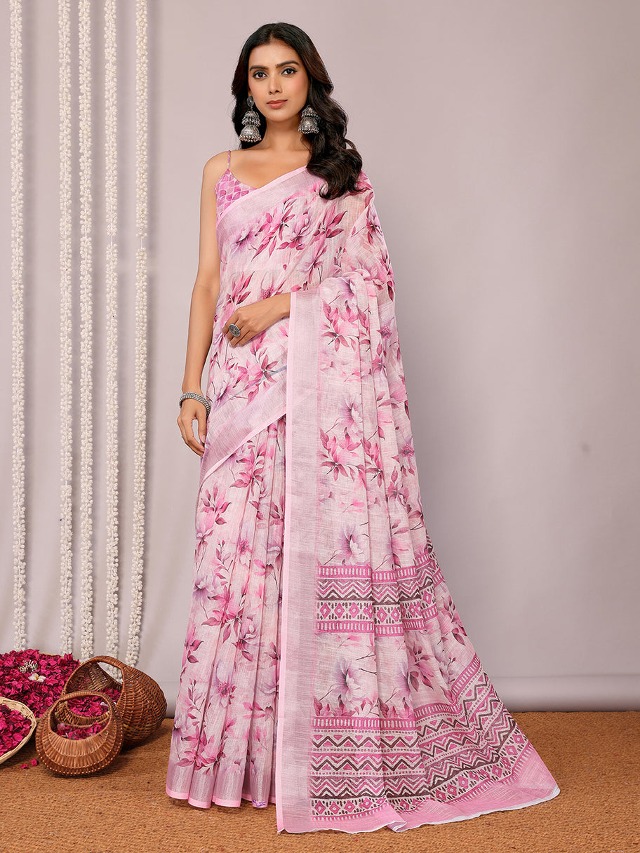 Printed Linen Saree : Cherry Blossom Pink