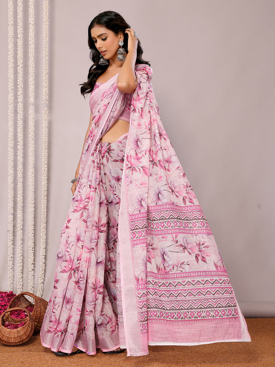 Printed Linen Saree : Cherry Blossom Pink