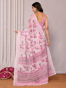 Printed Linen Saree : Cherry Blossom Pink