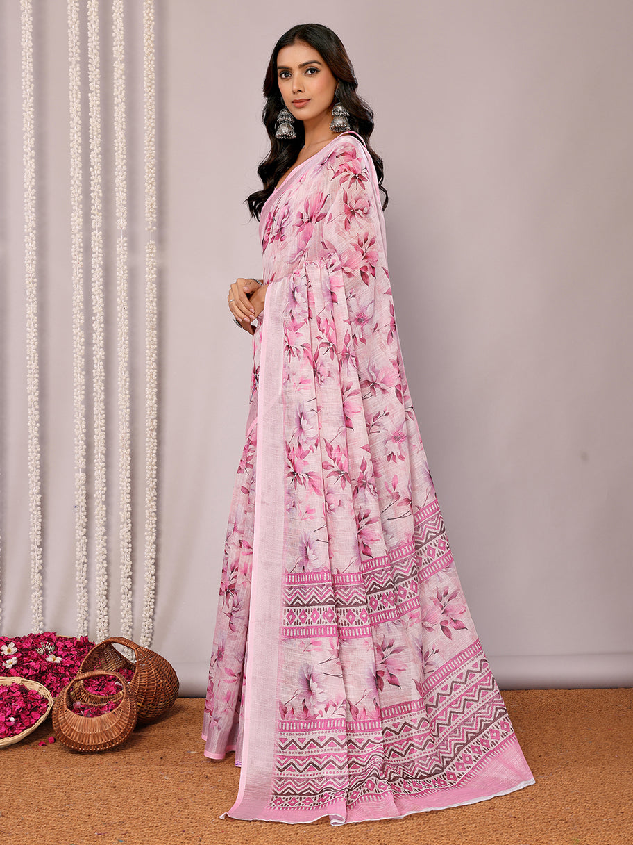 Printed Linen Saree : Cherry Blossom Pink