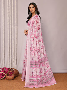 Printed Linen Saree : Cherry Blossom Pink