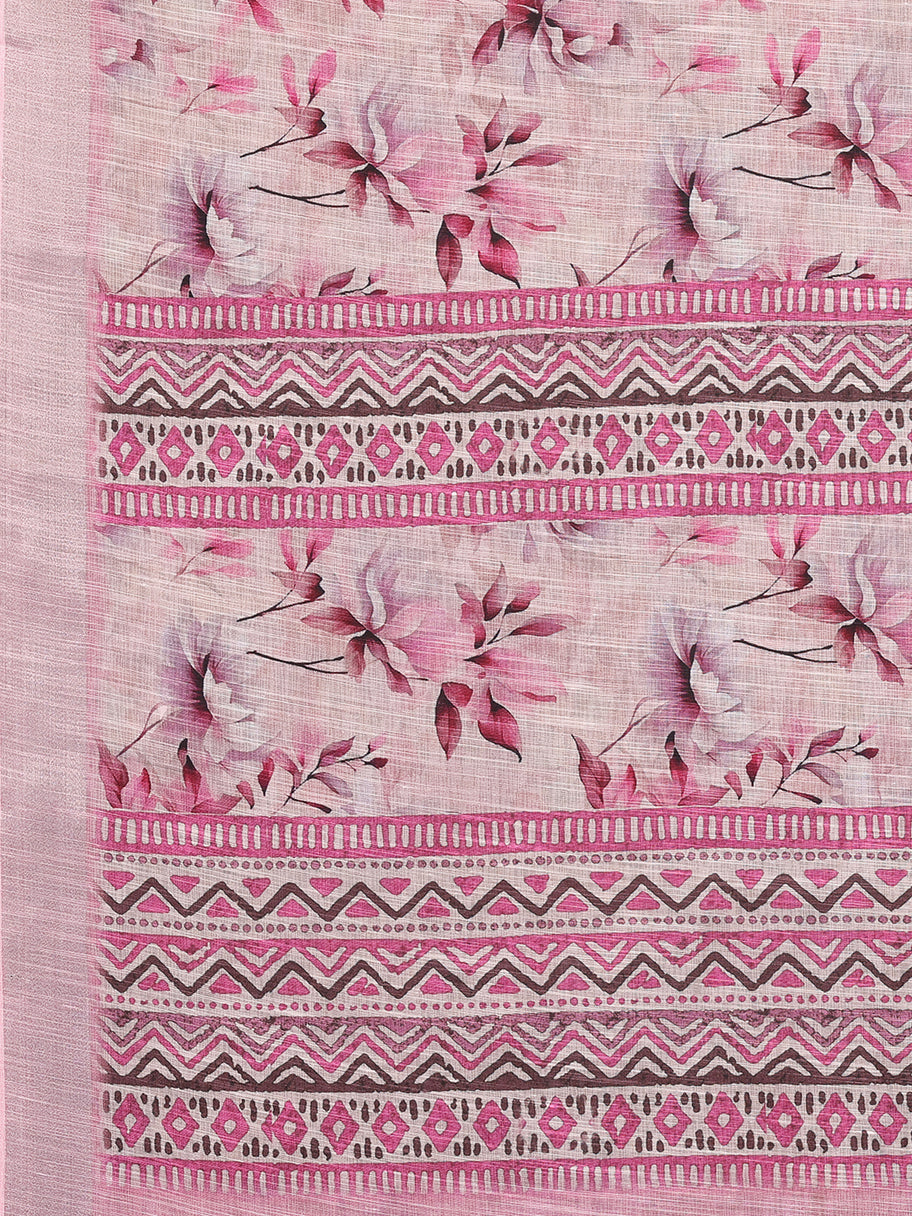Printed Linen Saree : Cherry Blossom Pink