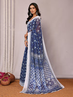 Load image into Gallery viewer, Block Print x Linen Saree : Dark Blue x Mini White Leaves
