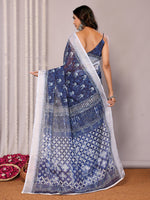 Load image into Gallery viewer, Block Print x Linen Saree : Dark Blue x Mini White Leaves
