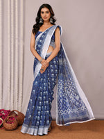 Load image into Gallery viewer, Block Print x Linen Saree : Dark Blue x Mini White Leaves

