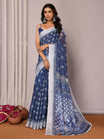 Load image into Gallery viewer, Block Print x Linen Saree : Dark Blue x Mini White Leaves
