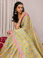 Load image into Gallery viewer, Printed Linen Saree : Yellow x Pink
