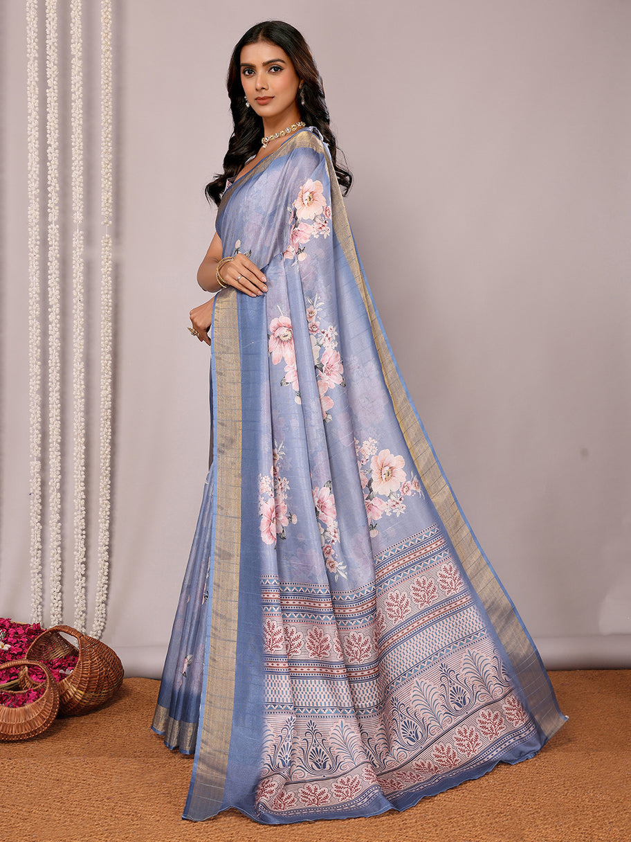 Chanderi Silk Saree : Blue Grey