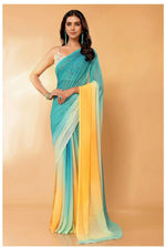 Load image into Gallery viewer, Georgette x Rainbow Ombre Saree : Teal x Yellow
