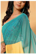 Load image into Gallery viewer, Georgette x Rainbow Ombre Saree : Teal x Yellow
