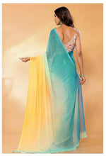 Load image into Gallery viewer, Georgette x Rainbow Ombre Saree : Teal x Yellow

