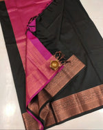 Load image into Gallery viewer, Minimalist Semi Silk Saree x Copper Zari - Black x Berry
