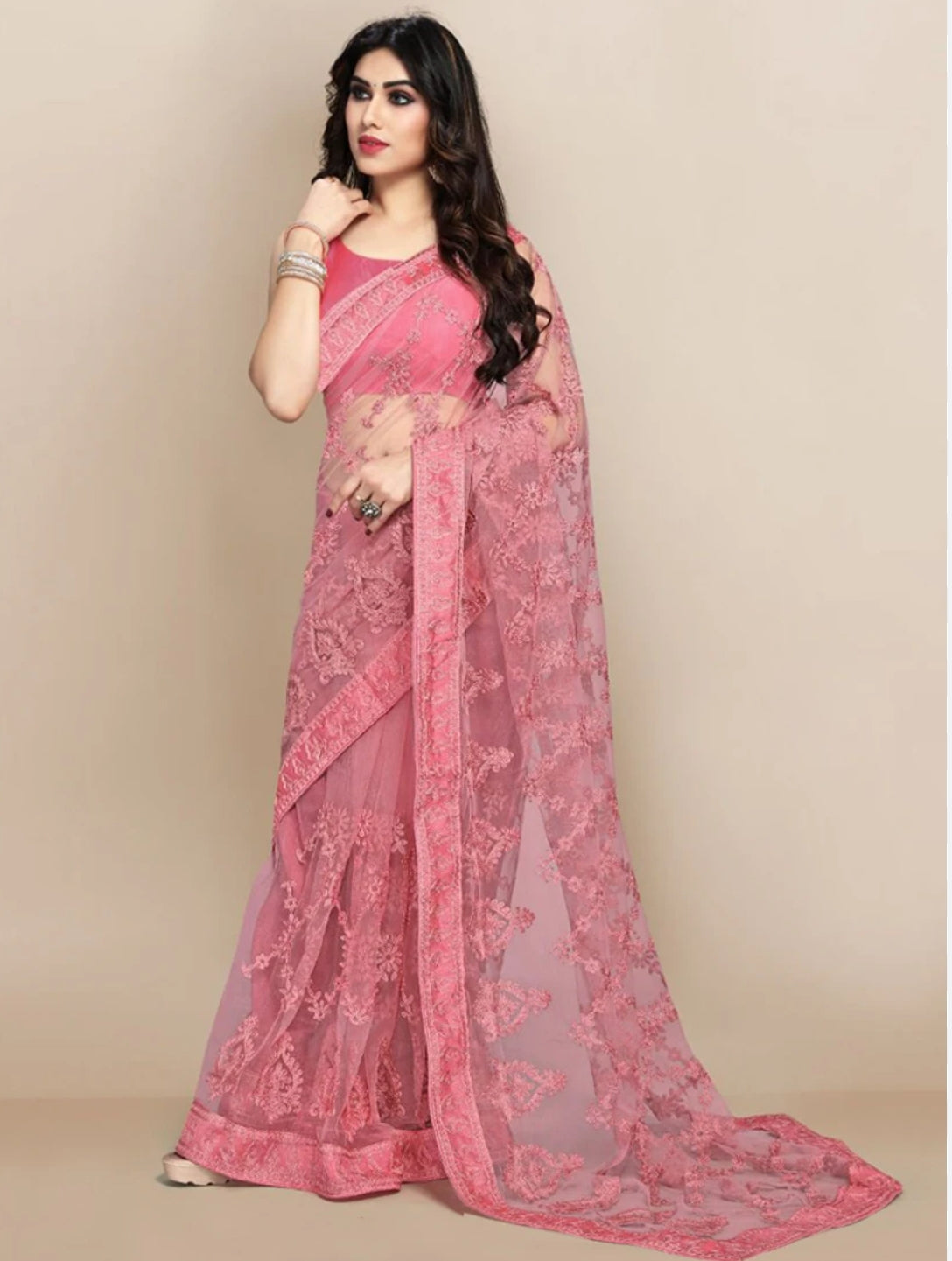 Embroidered Net Saree - Pink