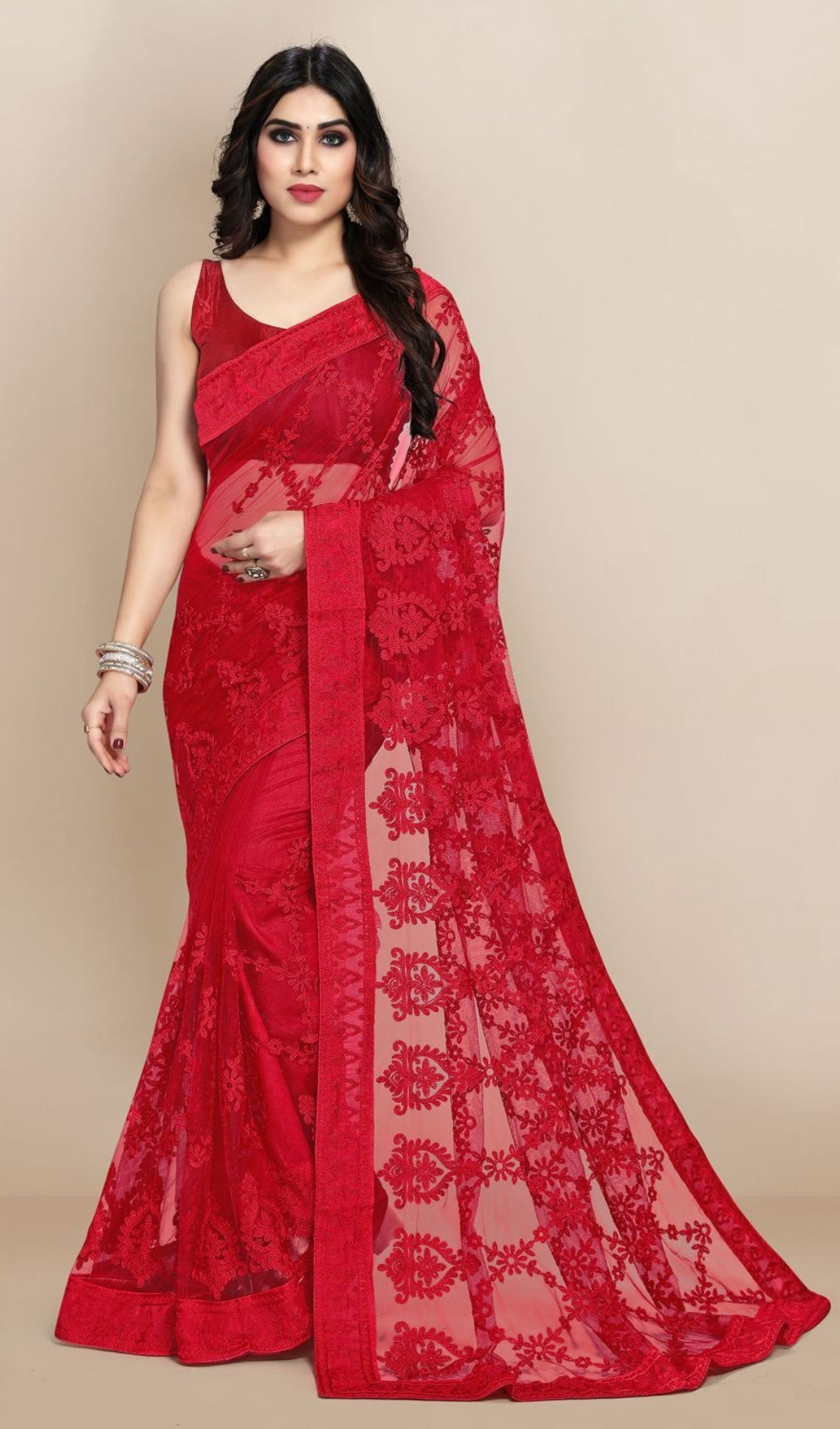 Embroidered Net Saree - Red