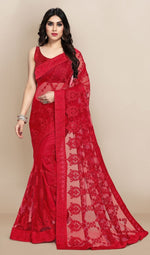 Load image into Gallery viewer, Embroidered Net Saree - Red
