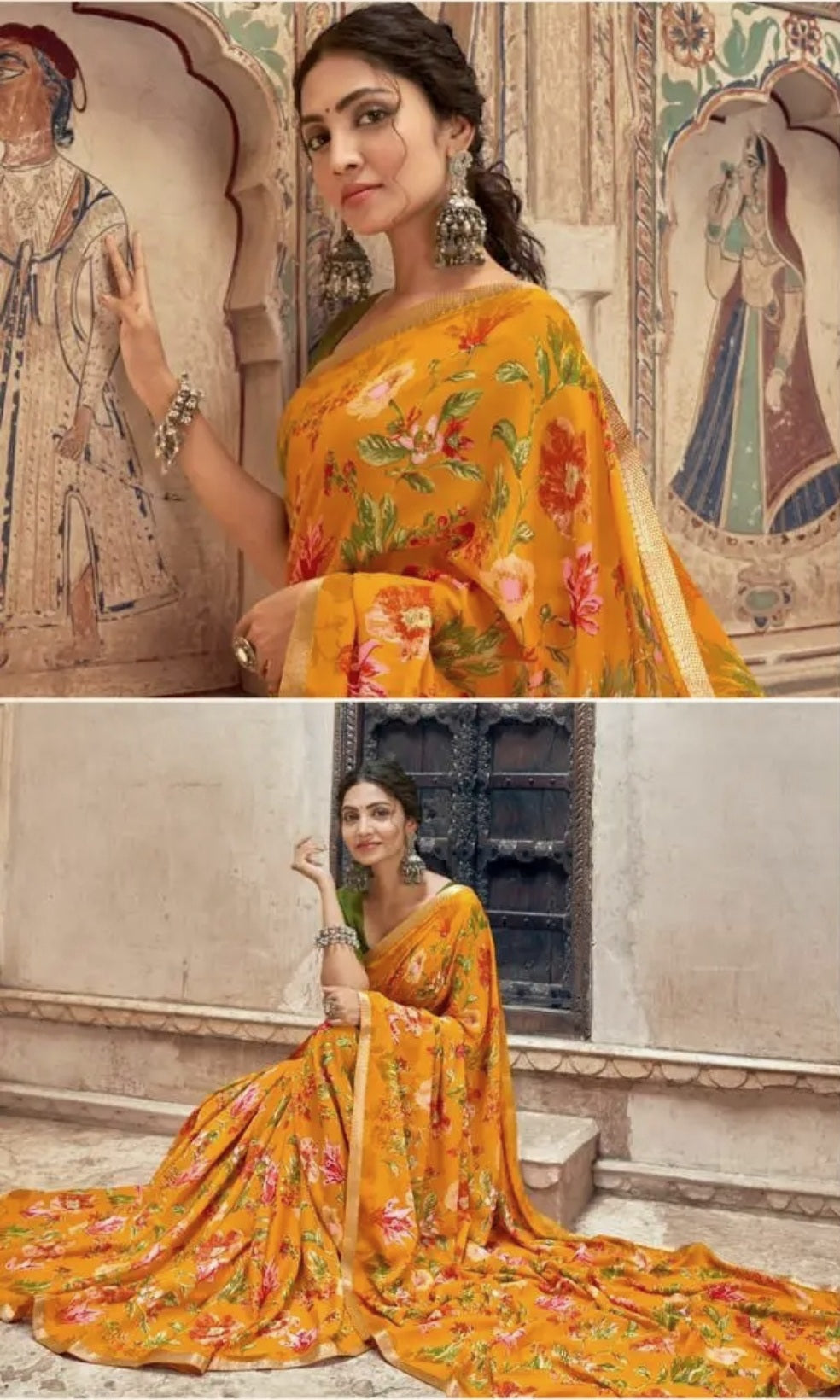 Floral x Chiffon Saree : Mustard x Olive