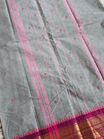 Load image into Gallery viewer, Kanchi Cotton Saree x Temple Border : Grey x Berry
