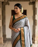 Load image into Gallery viewer, Kalyani Cotton Saree - Copper Zari: Grey x Dark Green

