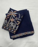 Load image into Gallery viewer, Georgette Saree x Floral x Elephant Sequins Blouse: Dark Blue
