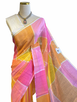 Load image into Gallery viewer, Linen Cotton x Big Checkered Saree - Sunshine
