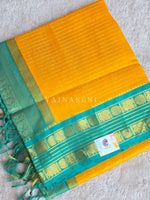 Load image into Gallery viewer, Checkered x Handloom Kanchipuram Silk Cotton Saree : Mango x Turquoise Green
