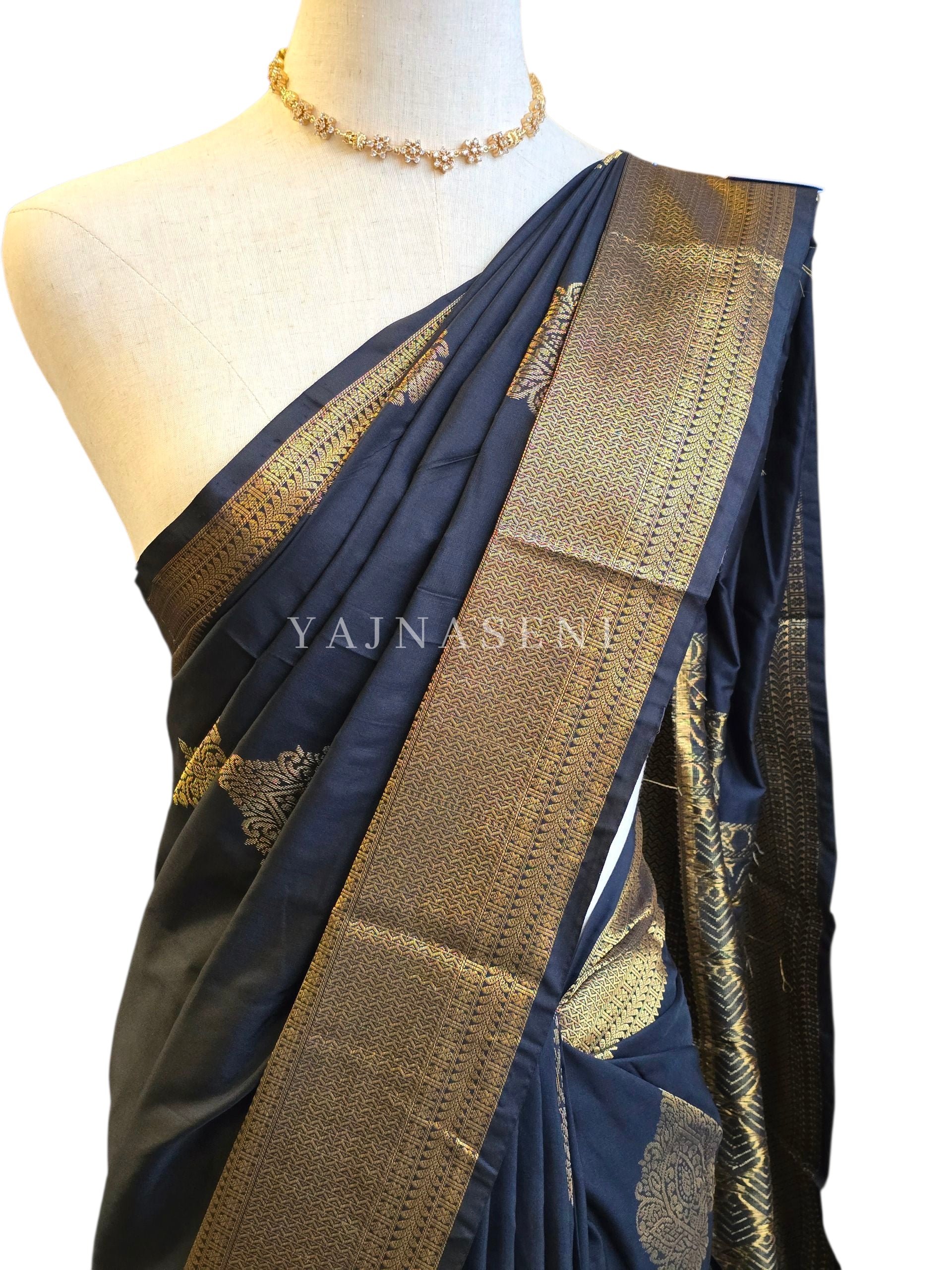 Semi Kanchi Silk x Gold Zari Saree - Black