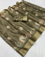 Load image into Gallery viewer, Regal Nature x Printed Linen Tissue Saree : Olive
